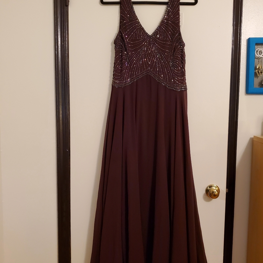 Purple floor length beaded gown